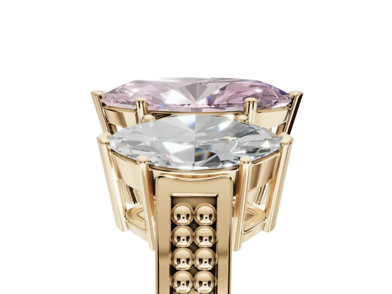 Marquise Three Stone Engagement Ring Setting for a Fancy Pink Lab-Grown Diamond | Beaded Shoulders | Yellow Gold