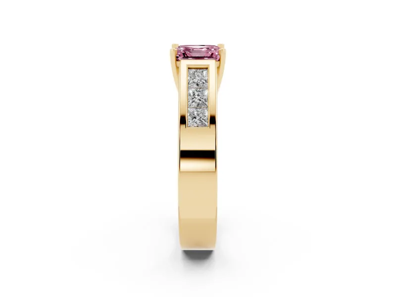 Fancy Pink Asscher Cut Diamond Solitaire Ring Set in Yellow gold with Channel-Set Accent Stones and Prong Setting
