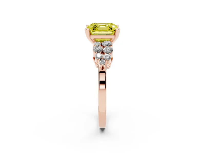 Fancy Yellow Asscher Cut Diamond Cluster Engagement Ring Set in Rose gold with Pavé Band and Prong Setting