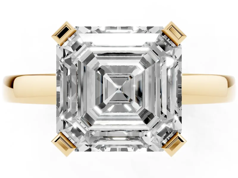 Asscher Cut Diamond Solitaire Ring Set in Yellow gold with Prong Head and Smooth Polished Band