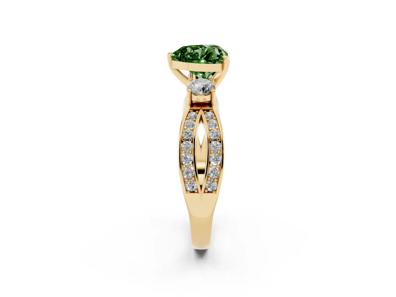 Heart-Shaped Three-Stone Twist Engagement Ring Setting for a Fancy Green Lab-Grown Diamond | Yellow Gold