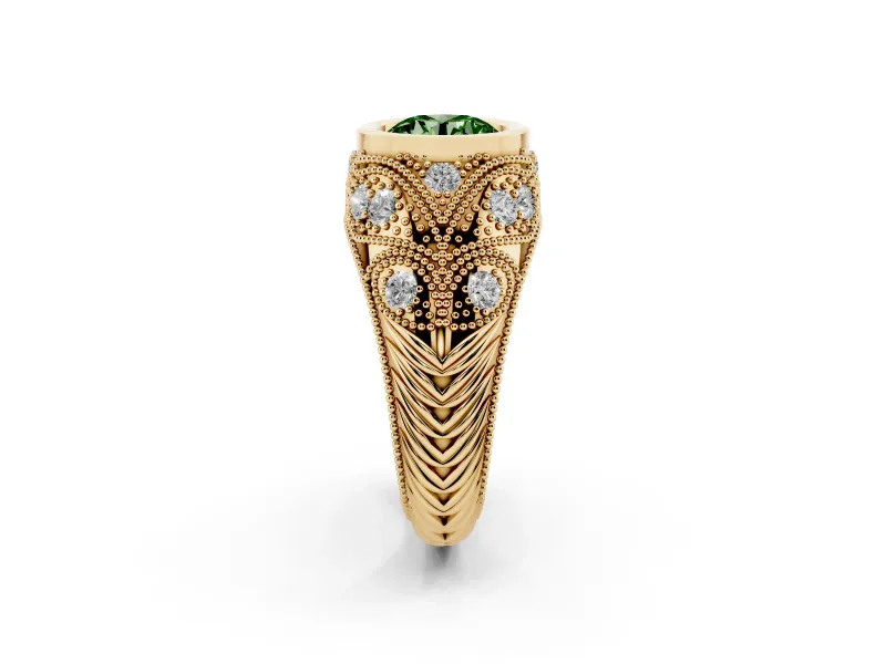 Fancy Green Round Cut Diamond Bezel Ring Set in Yellow gold with Milgrain Accent Band