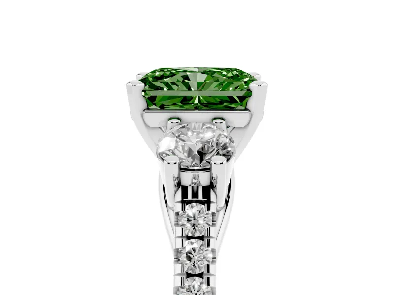 Fancy Green Three-Stone Radiant Cut Diamond Pavé Band Ring Set in Silver with Prong-Set Trio