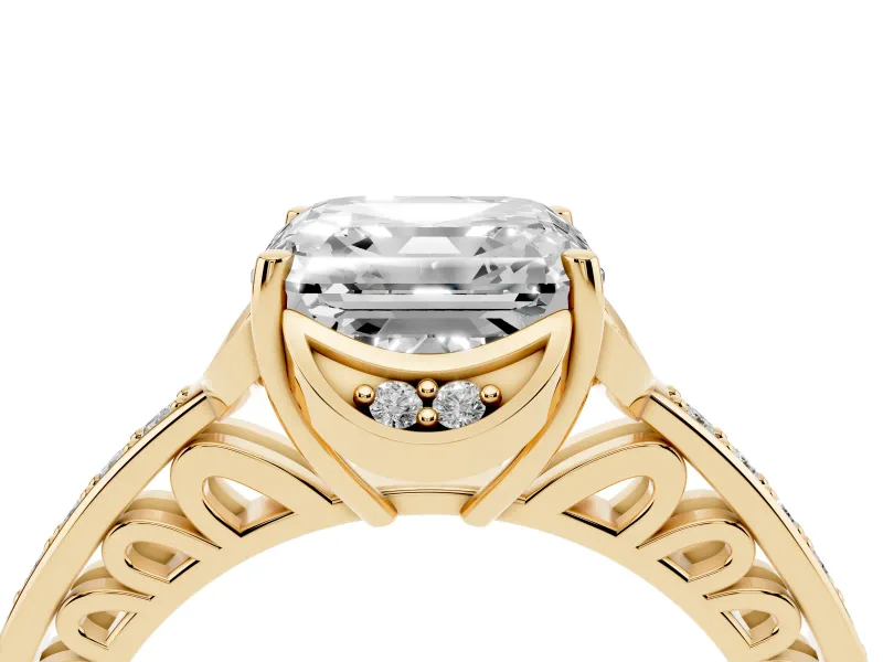 Asscher Cut Floral Pavé Engagement Ring Setting | Petal Accents | Yellow Gold