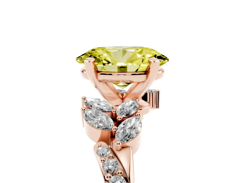 Fancy Yellow Oval Cut Diamond Solitaire Ring Set in Rose gold with Marquise Twist Band and Prong Setting