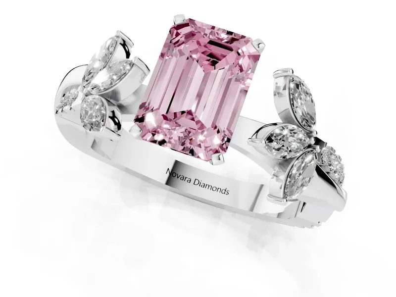 Fancy Pink Emerald Cut Diamond Floral Vine Solitaire Engagement Ring Set in Platinum with Marquise Leaves