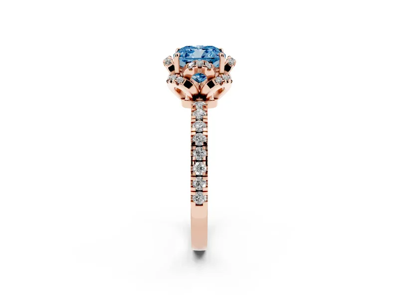 Fancy Blue Cushion Cut Diamond Halo Pavé Band Ring Set in Rose gold with Prong-Held Center