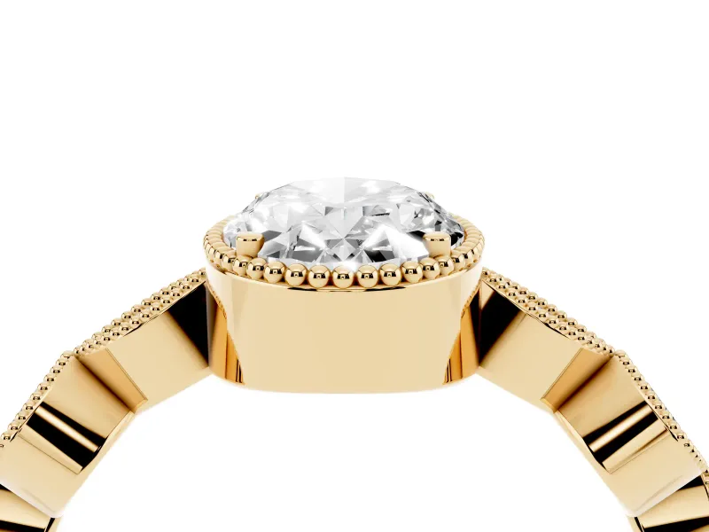 Oval Cut Diamond Vintage-Inspired Milgrain Ring Set in Yellow gold with Marquise Stations of Round Accents