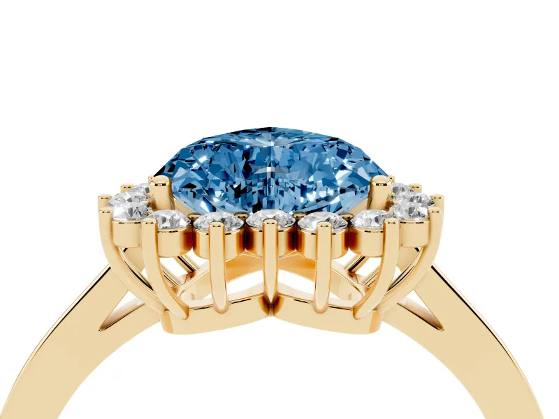 Fancy Blue Heart Cut Diamond Halo Ring Set in Yellow gold with Round Halo and Smooth Solitaire Band