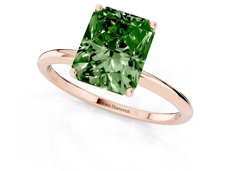 Fancy Green Radiant Cut Diamond Solitaire Engagement Ring Set in Rose gold with Thin Band and Prong Setting