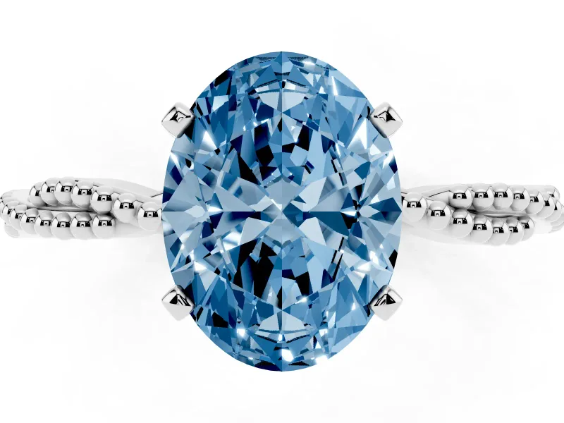 Fancy Blue Oval Cut Diamond Solitaire Ring Set in Silver with Twisted Band and Bead Prong Setting