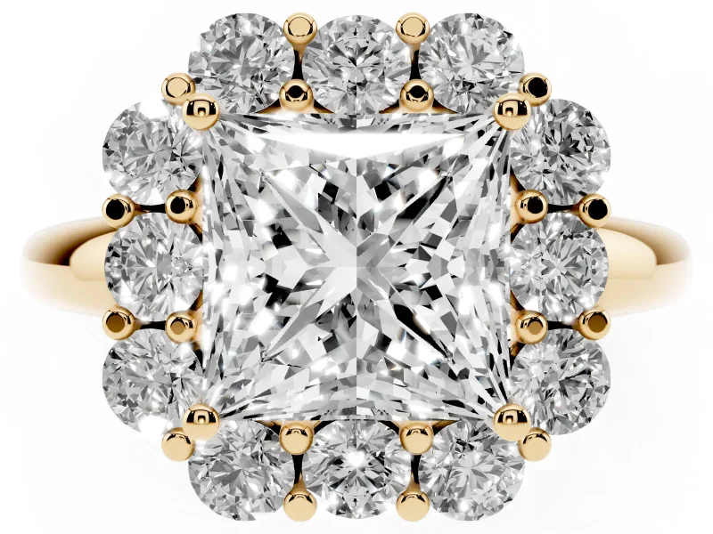 Princess Cut Milgrain Halo Engagement Ring Setting | Graduated Bezel Accents | Yellow Gold