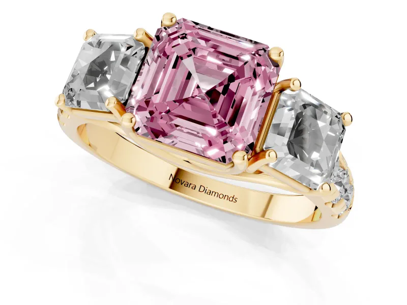 Asscher Cut Three Stone Engagement Ring Setting for a Fancy Pink Lab-Grown Diamond | Accented Shoulders | Yellow Gold