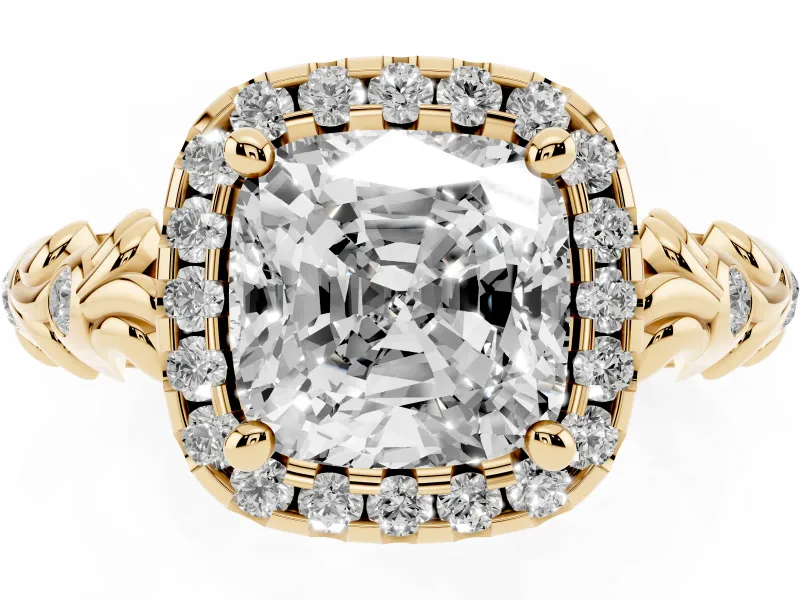 Cushion Cut Filigree Leaf Halo Engagement Ring Setting | Bezel Leaf Accents | Yellow Gold