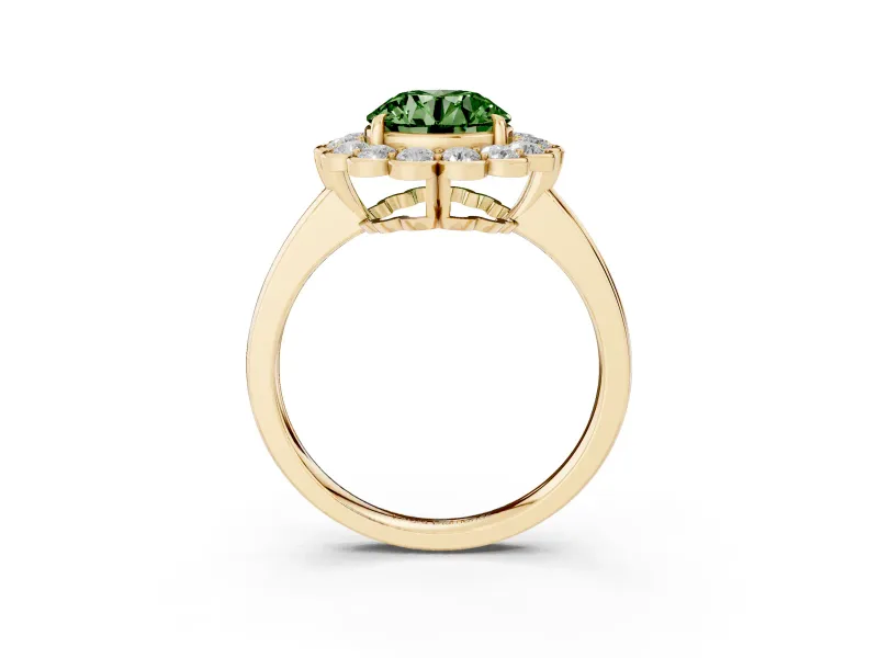 Round Scalloped Cluster Halo Engagement Ring Setting for a Fancy Green Lab-Grown Diamond | Plain Band | Yellow Gold