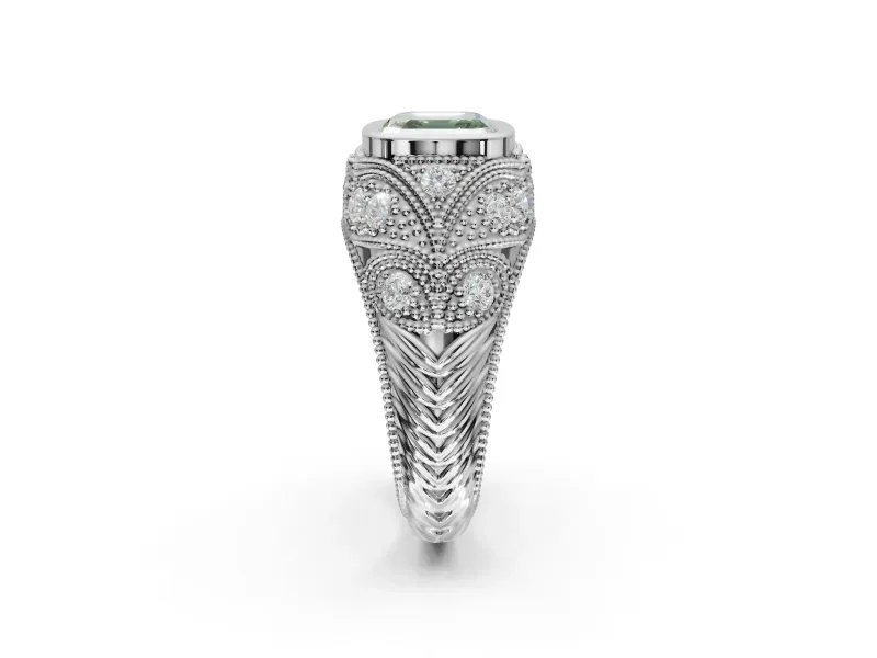 Asscher Cut Vintage Bezel Engagement Ring Setting for a Fancy Green Lab-Grown Diamond | Platinum