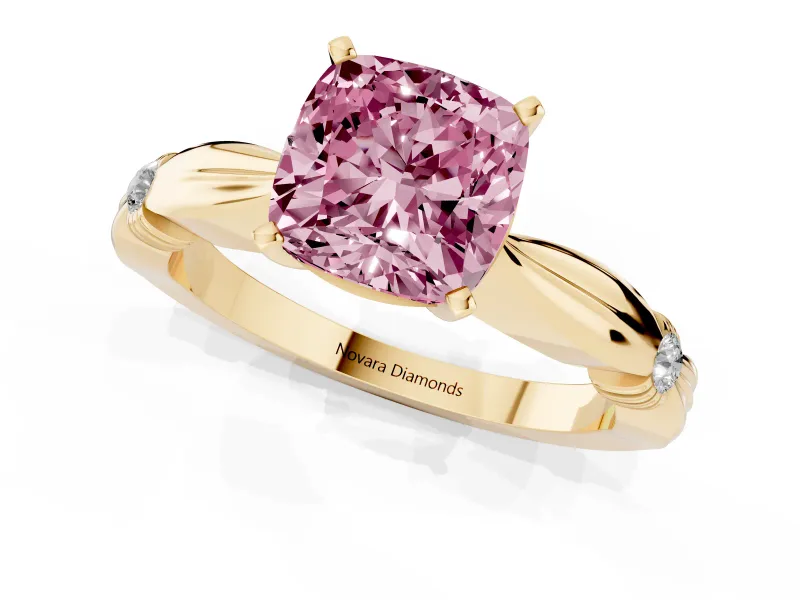 Fancy Pink Cushion Cut Diamond Solitaire Twisted Band Ring Set in Yellow gold with Accent Stones and Prong Setting