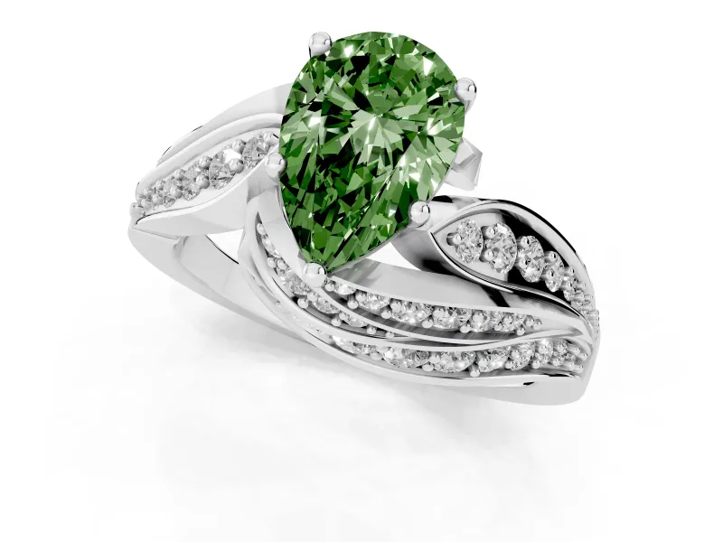 Fancy Green Pear Cut Diamond Solitaire Ring Set in Silver with Layered Twist Pavé Band