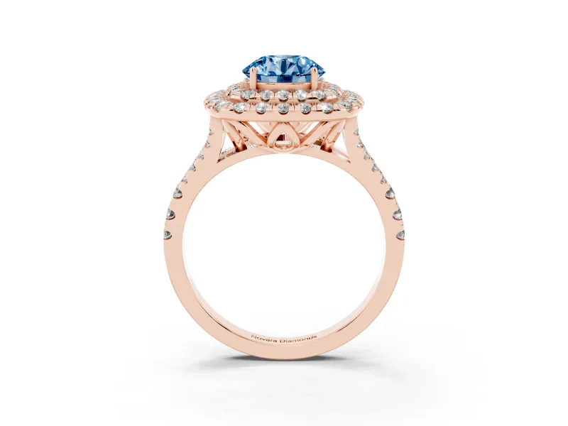 Round Halo Split Shank Engagement Ring Setting for a Fancy Blue Lab-Grown Diamond | Pavé Strands | Rose Gold