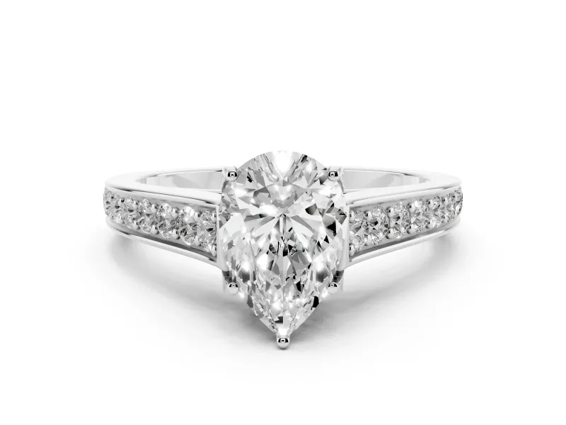 Pear Cut Diamond Solitaire Pavé Engagement Ring Set in Silver with Prong Setting
