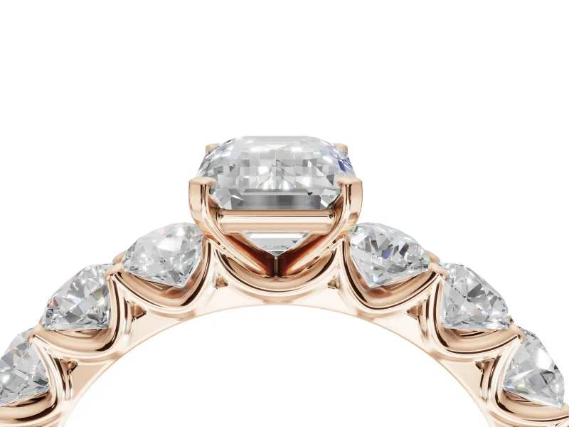 Emerald Cut Side Stone Engagement Ring Setting | Scalloped Prong Accents | Rose Gold