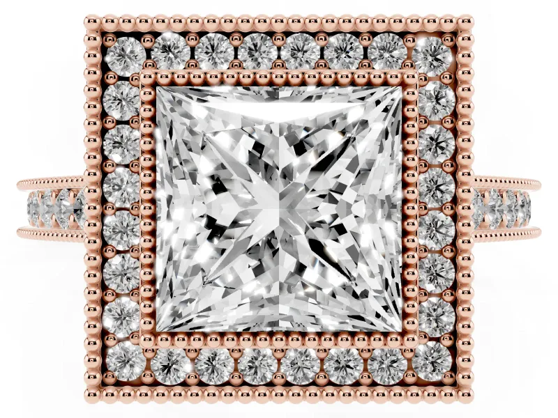 Princess Cut Vintage Milgrain Halo Engagement Ring Setting | Bezel Head | Rose Gold
