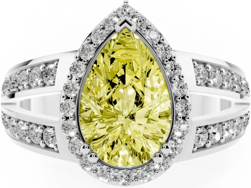 Pear-Shaped Halo Engagement Ring Setting for a Fancy Yellow Lab-Grown Diamond | Two-Row Pave Split Shank | White Gold