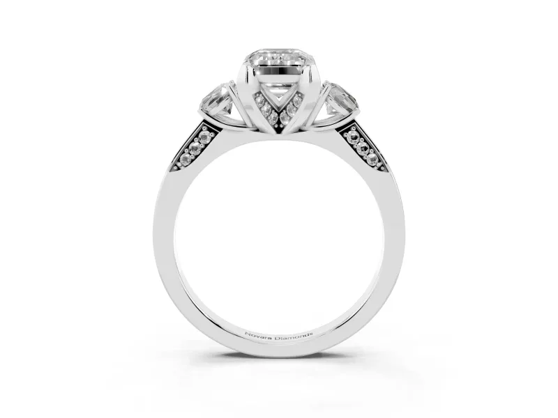 Emerald Cut Hidden Halo Three Stone Engagement Ring Setting for a Fancy Green Lab-Grown Diamond | Sterling Silver