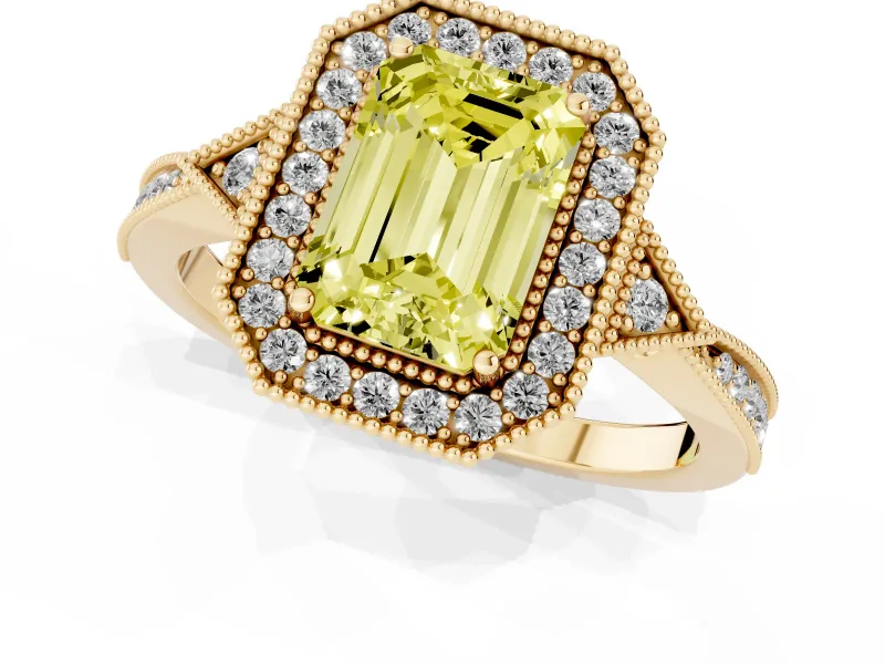 Fancy Yellow Emerald Cut Diamond Halo Engagement Ring Set in Yellow gold with Milgrain Pavé Band