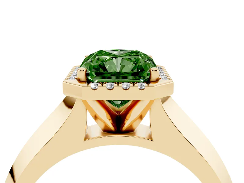 Fancy Green Radiant Cut Diamond Halo Ring Set in Yellow gold with Cathedral Band and Prong Setting