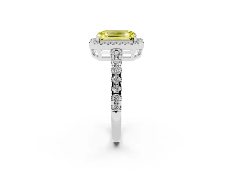 Fancy Yellow Emerald Cut Diamond Halo Ring Set in Platinum with Delicate Pavé Band and Prong Setting