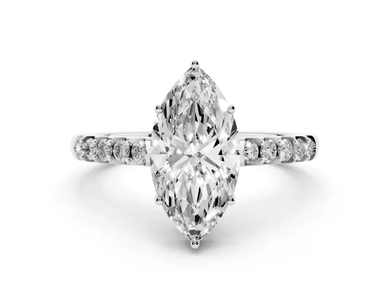 Marquise Cut Diamond Solitaire Engagement Ring Set in Platinum with Pavé Band and Prong Setting