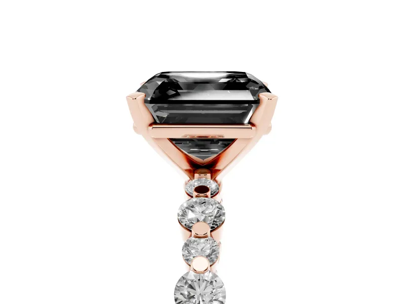 Fancy Black Asscher Cut Diamond Prong Set Engagement Ring Set in Rose gold with Round Accent Pavé Band