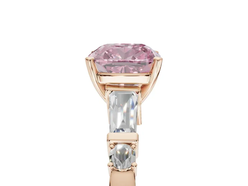 Cushion Cut Tapered Baguette Engagement Ring Setting for a Fancy Pink Lab-Grown Diamond | Rose Gold