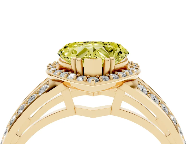 Fancy Yellow Heart Cut Diamond Halo Ring Set in Yellow gold with Double Pavé Split Shank