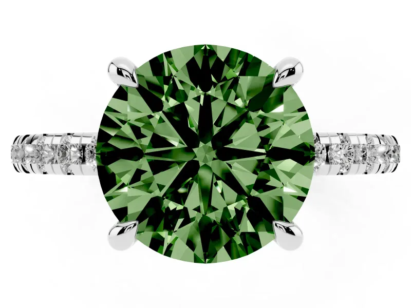 Round Petite Pavé Solitaire Engagement Ring Setting for a Fancy Green Lab-Grown Diamond | Slim Band | White Gold