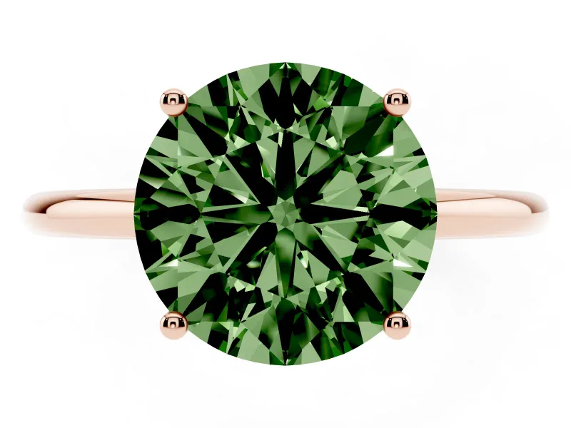 Fancy Green Round Cut Diamond Solitaire Engagement Ring Set in Rose gold with Thin Band and Prong Setting