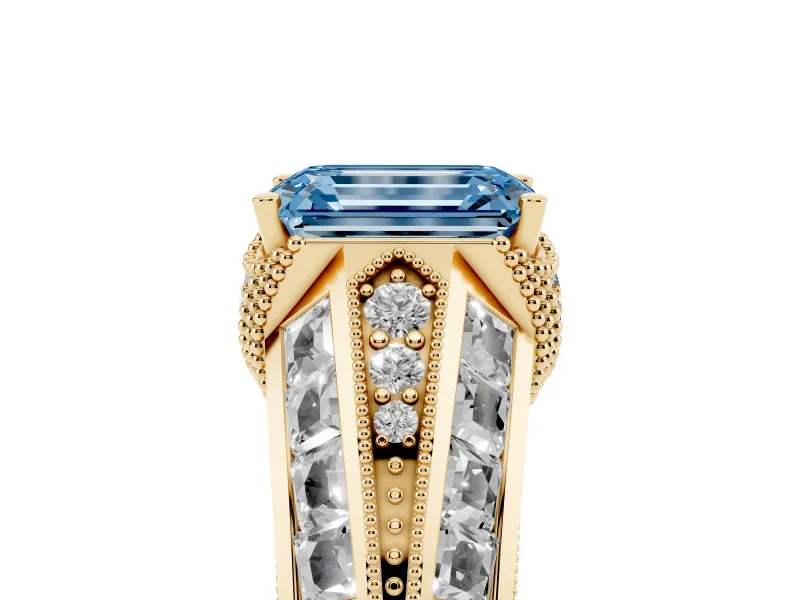 Fancy Blue Emerald Cut Diamond Vintage-Inspired Milgrain Ring Set in Yellow gold with Accent Split Shank
