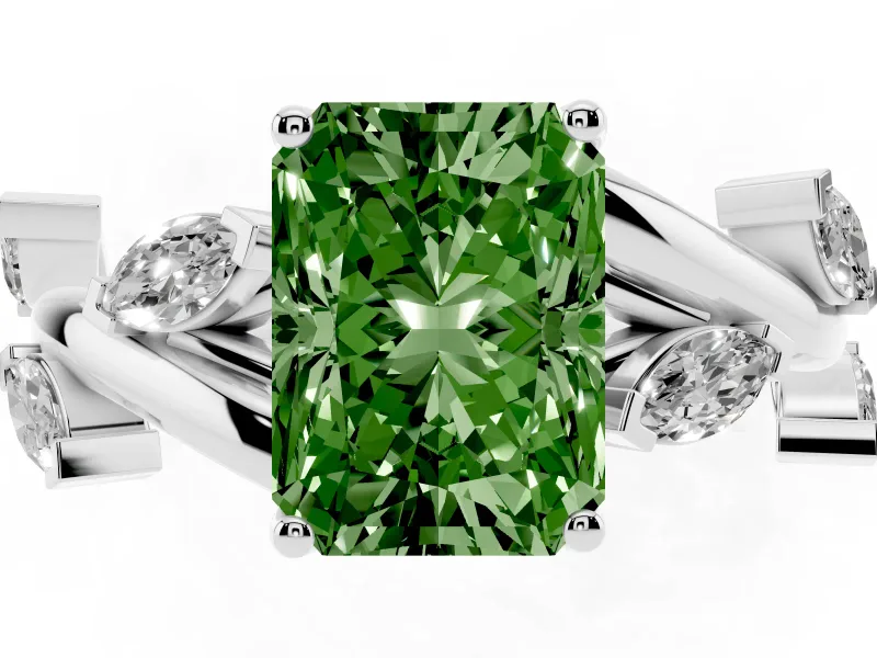 Radiant Cut Twisted Vine Engagement Ring Setting for a Fancy Green Lab-Grown Diamond | Marquise Leaves | Sterling Silver