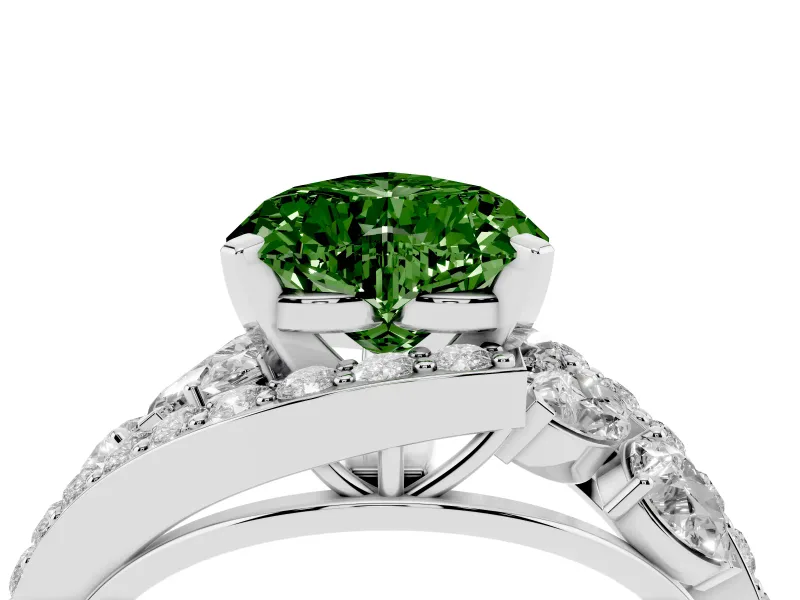 Fancy Green Heart Cut Diamond Halo Ring Set in Platinum with Marquise and Pavé Band in Prong Setting