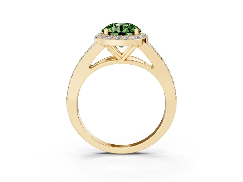 Round Halo Engagement Ring Setting for a Fancy Green Lab-Grown Diamond | Pave Split Shank | Yellow Gold
