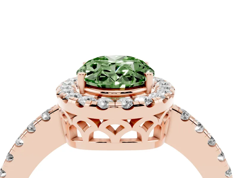 Fancy Green Oval Cut Diamond Pavé Band Halo Engagement Ring Set in Rose gold with Prong Setting
