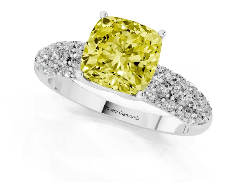 Cushion Cut Close Set Pave Engagement Ring Setting for a Fancy Yellow Lab-Grown Diamond | Multi Row | Sterling Silver