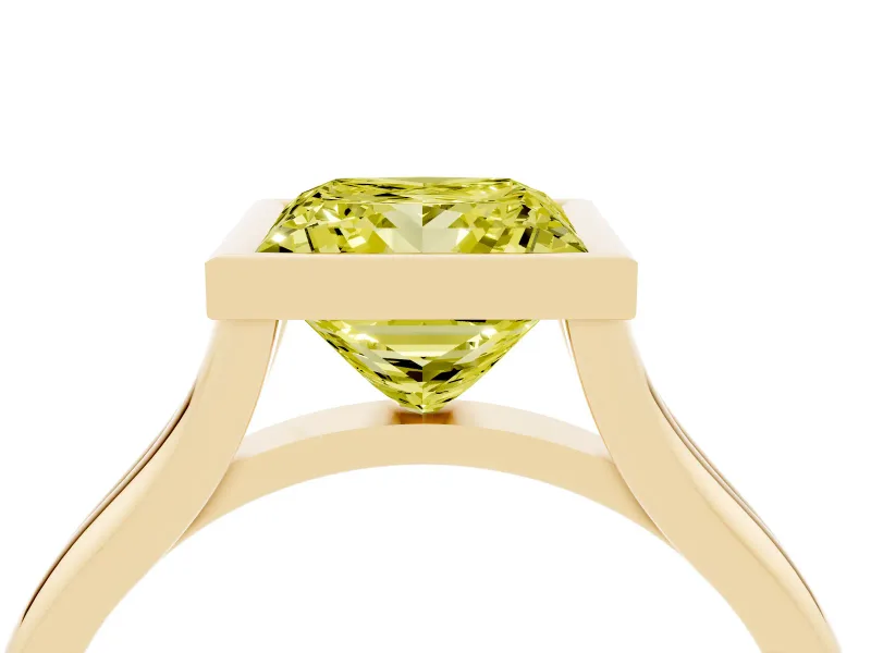 Fancy Yellow Bezel Set Princess Cut Diamond Solitaire Ring Set in Yellow gold with Tapered Band