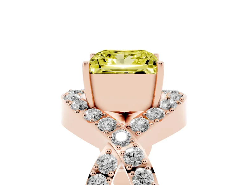 Fancy Yellow Princess Cut Diamond Solitaire Twist Band Pavé Engagement Ring Set in Rose gold