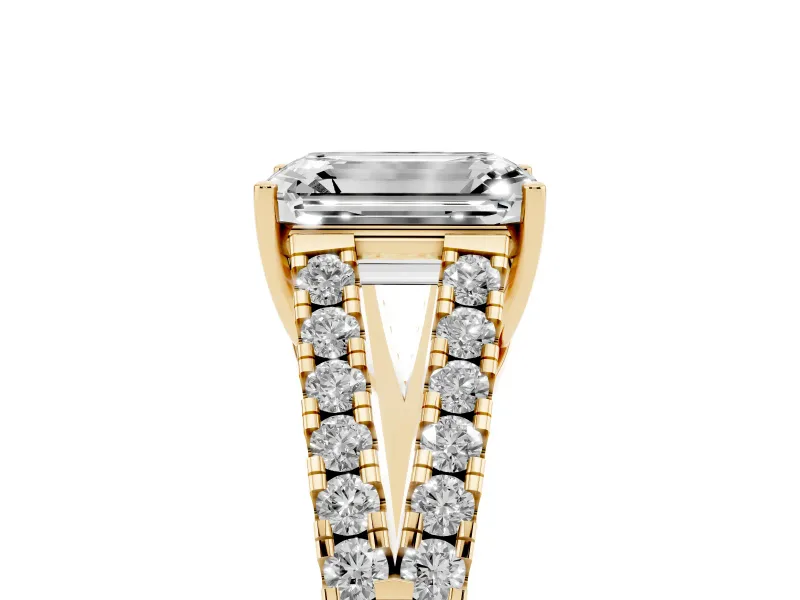 Emerald Cut Graduated Pave Split Shank Engagement Ring Setting | V Split Shoulders | Yellow Gold