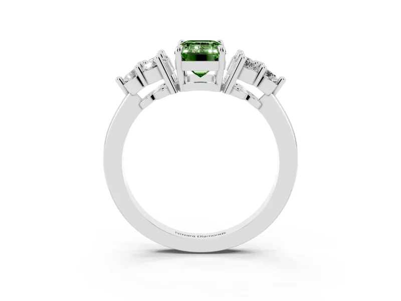 Fancy Green Emerald Cut Diamond Solitaire Ring Set in Silver with Cluster Accents on Each Side