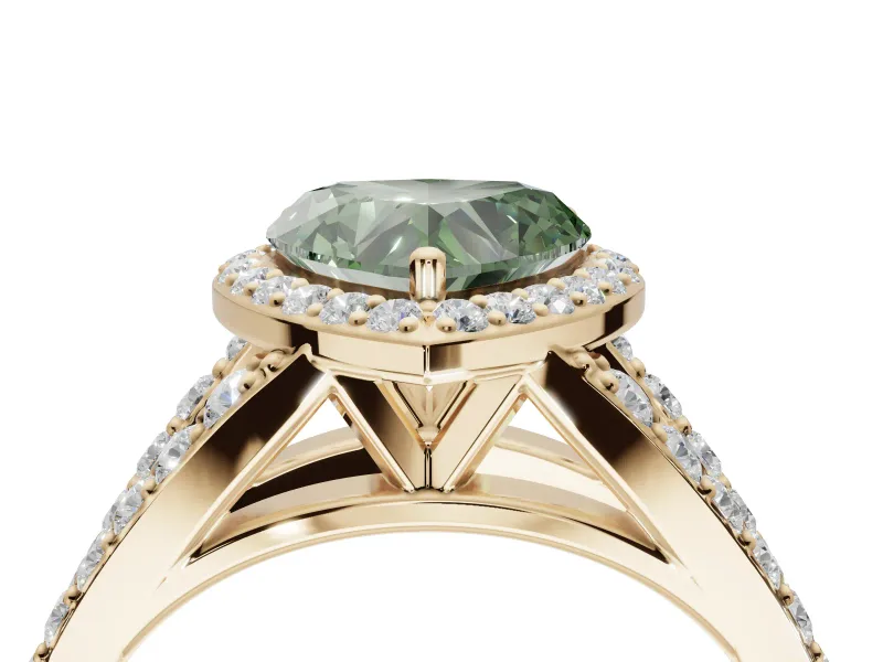 Heart-Shaped Halo Pavé Engagement Ring Setting for a Fancy Green Lab-Grown Diamond | Narrow Split Shank | Yellow Gold