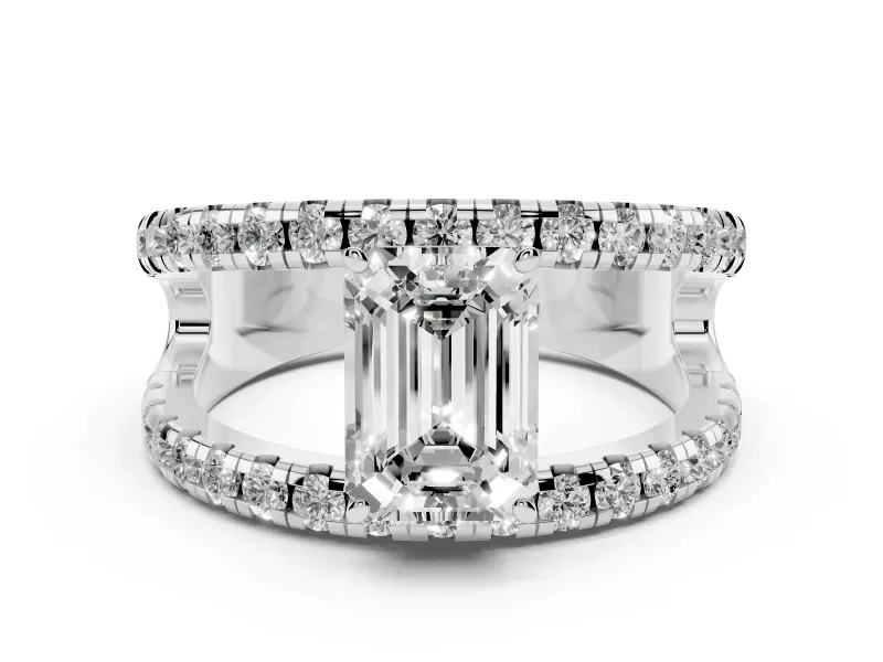 Emerald Cut Diamond Split Shank Pavé Solitaire Ring Set in Platinum with Open Shank Design