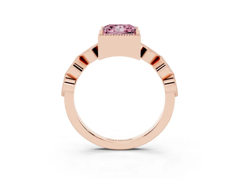 Fancy Pink Princess Cut Diamond Vintage-Inspired Milgrain Ring Set in Rose gold with Marquise Stations of Round Accents